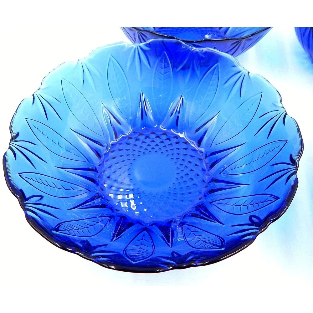 AVON Royal Sapphire Cereal Salad Bowls Cobalt Blue Leaf 6.5 Inch Glass Set of 4